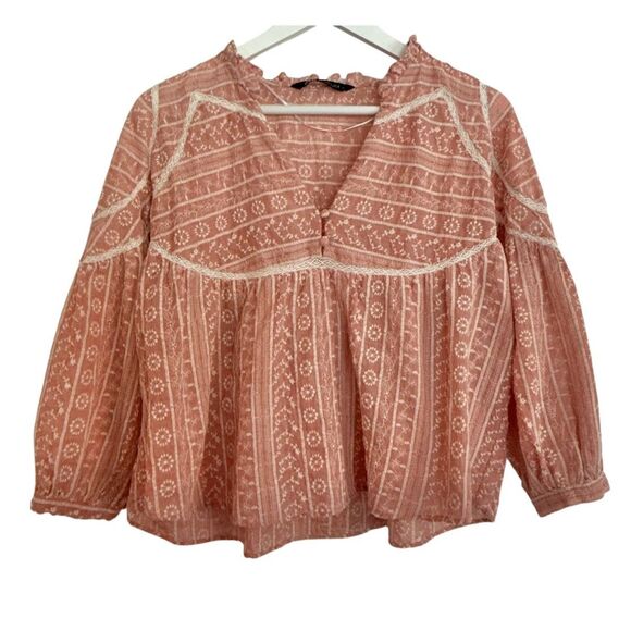 Zara pink embroidered puff sleeve crop boho blouse - Picture 1 of 8
